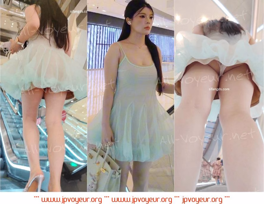 【CSCD】绿色连衣裙高跟大胸美女，白色蕾丝内内