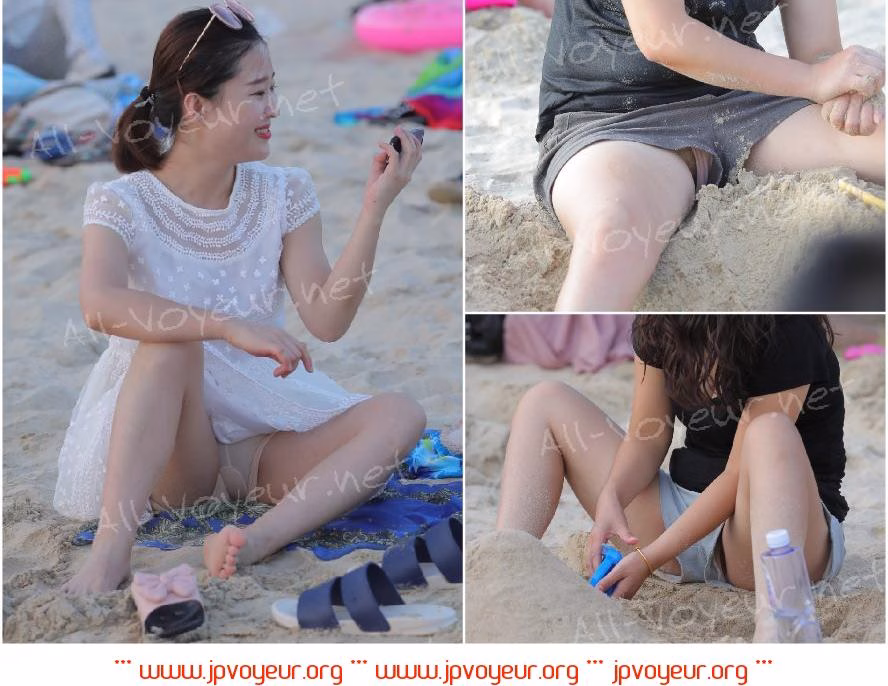 ビーチ露出、露出したお尻、ゆるい写真、濃い陰毛